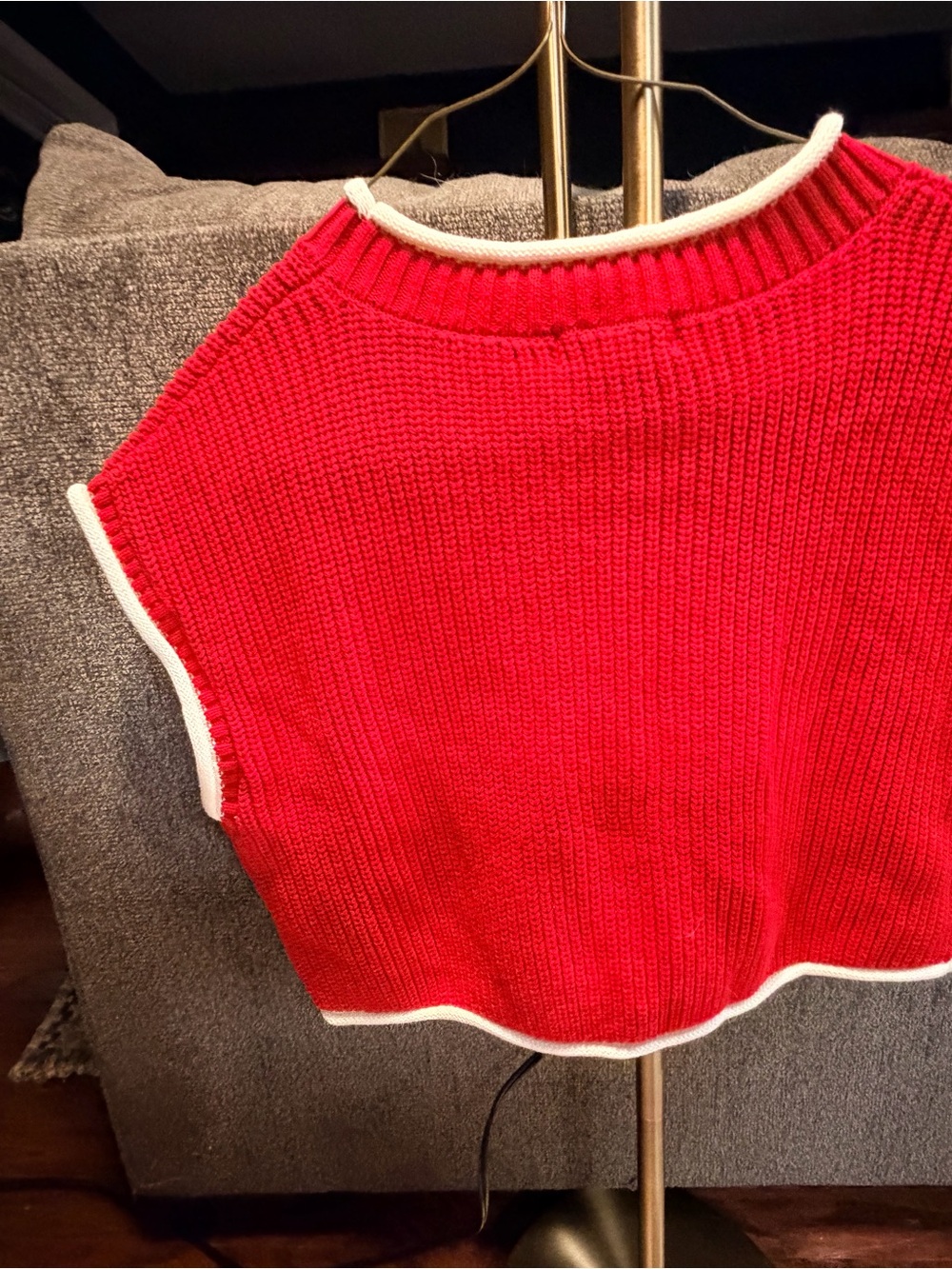Red Sleeveless Crewneck Knit Sweater with White Trim - Picture 5 of 5